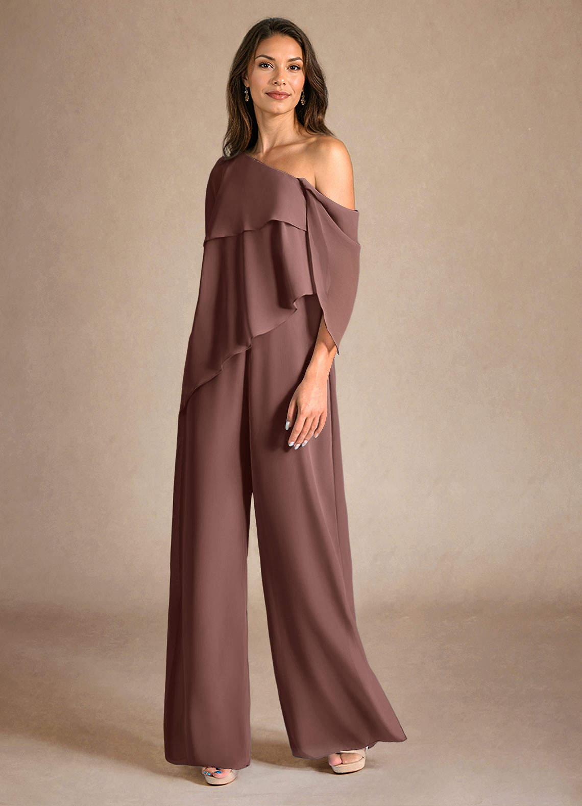 Azazie Halima Mother of the Bride Dresses Espresso Jumpsuit/Pantsuit Side Slit Chiffon Dress image1