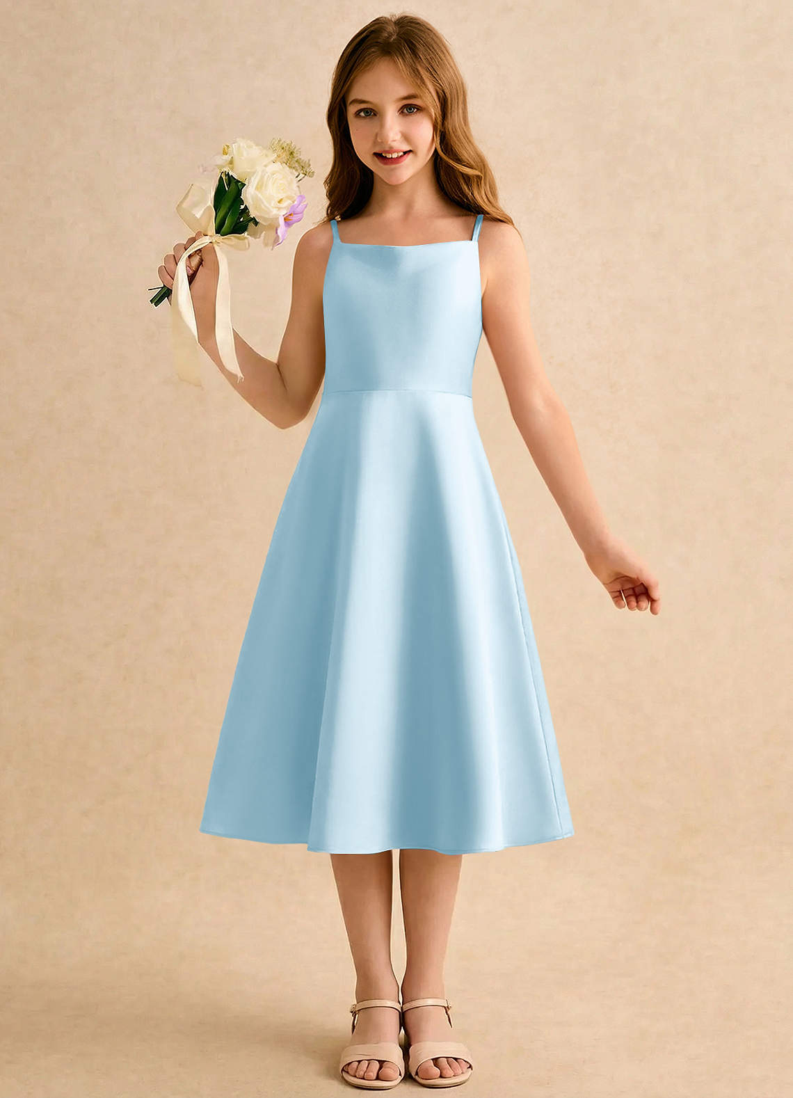 Azazie Jaella Girls Formal Sukienki dla dziewczynek sypiących kwiaty Linia A Pofałdowany Matowy satynowy Długość herbaty Sukienka image3