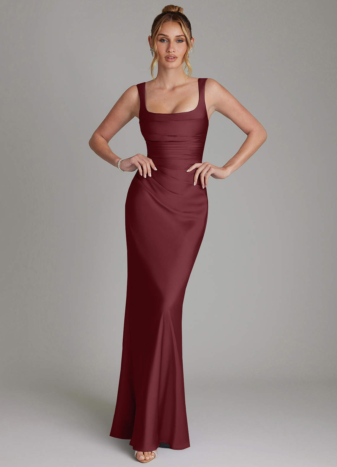satin cabernet bridesmaid dress Azazie Agustina