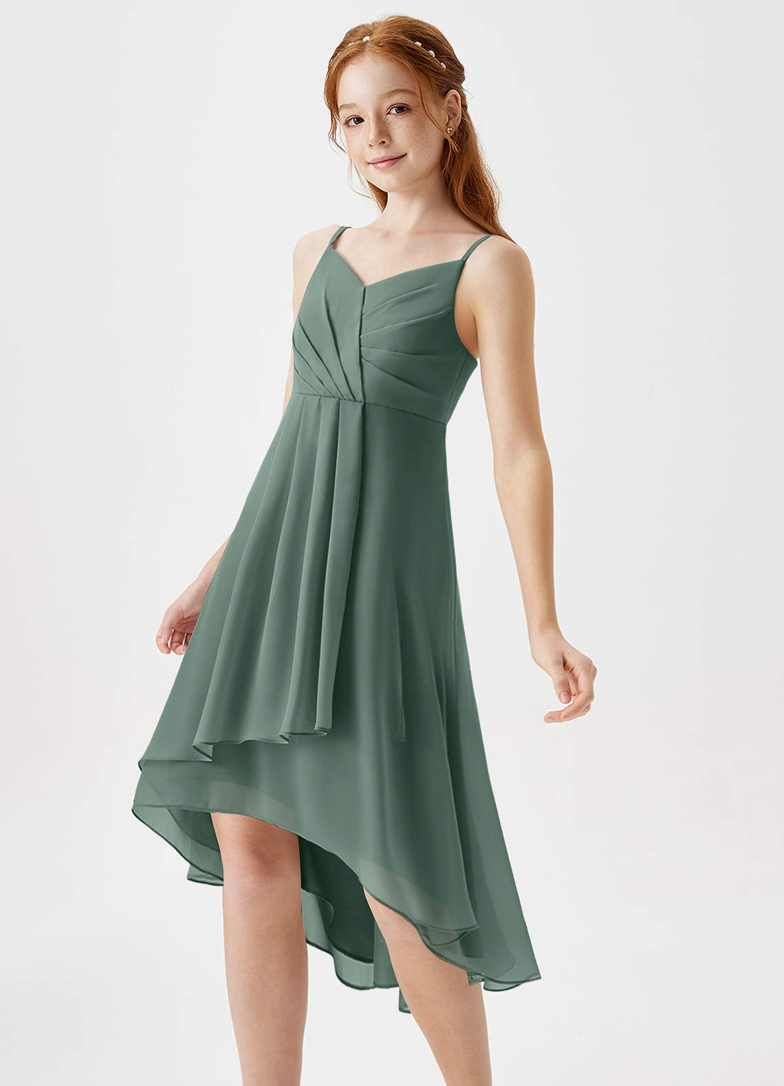 Azazie Mariam Junior Eucalyptus A-Line Pleated Chiffon Dress image1