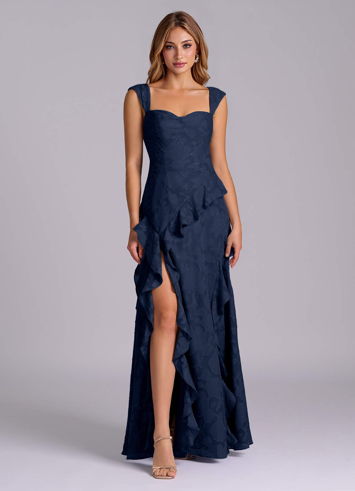 Azazie Sloane Dark Navy Floral Burnout Bridesmaid Dresses | Azazie