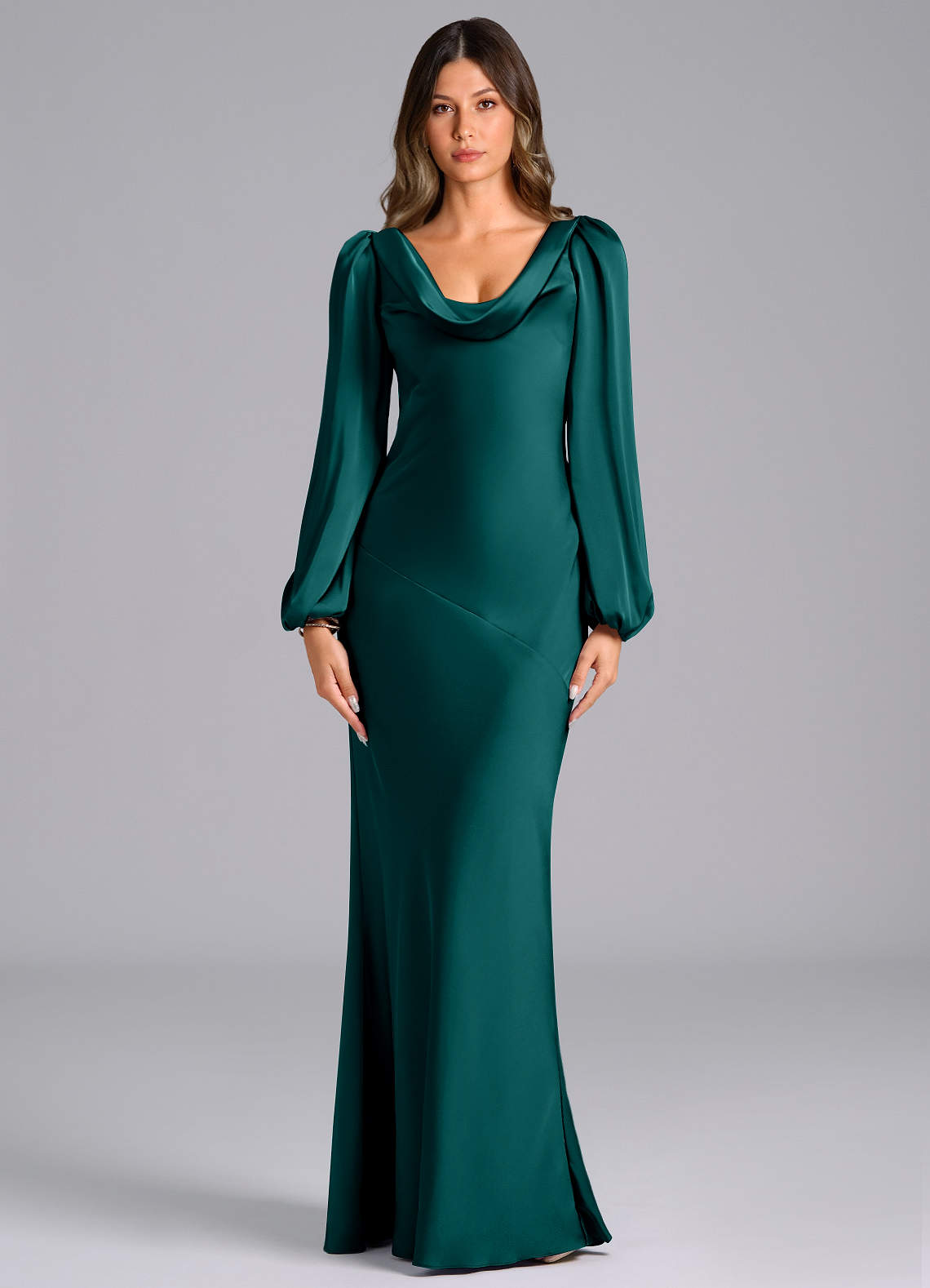 Azazie Melani Ready to Ship Peacock Stretch Satin Bridesmaid