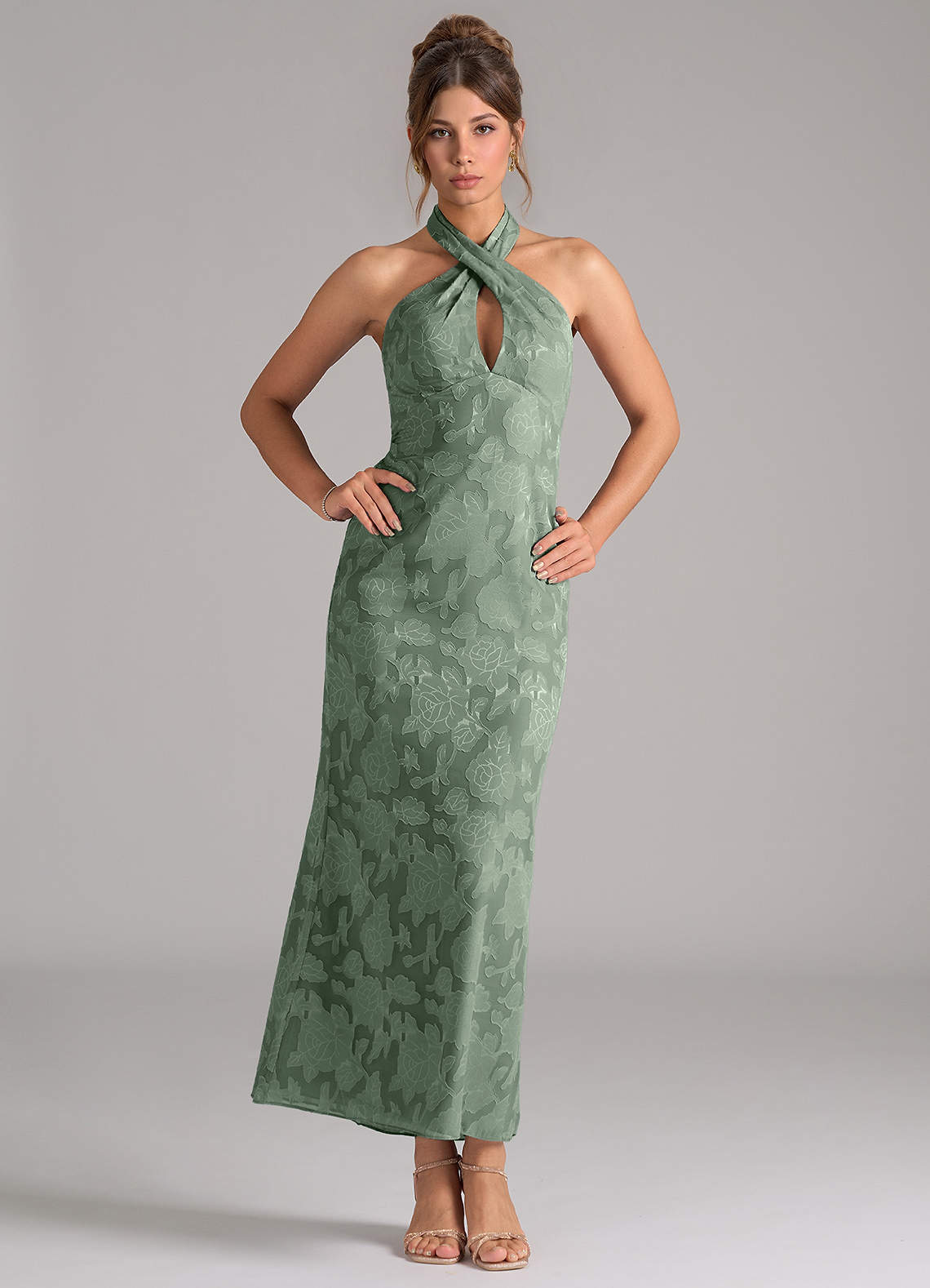 Azazie Marlissa Bridesmaid Dresses Matcha Sheath Pleated Floral Burnout Dress image1