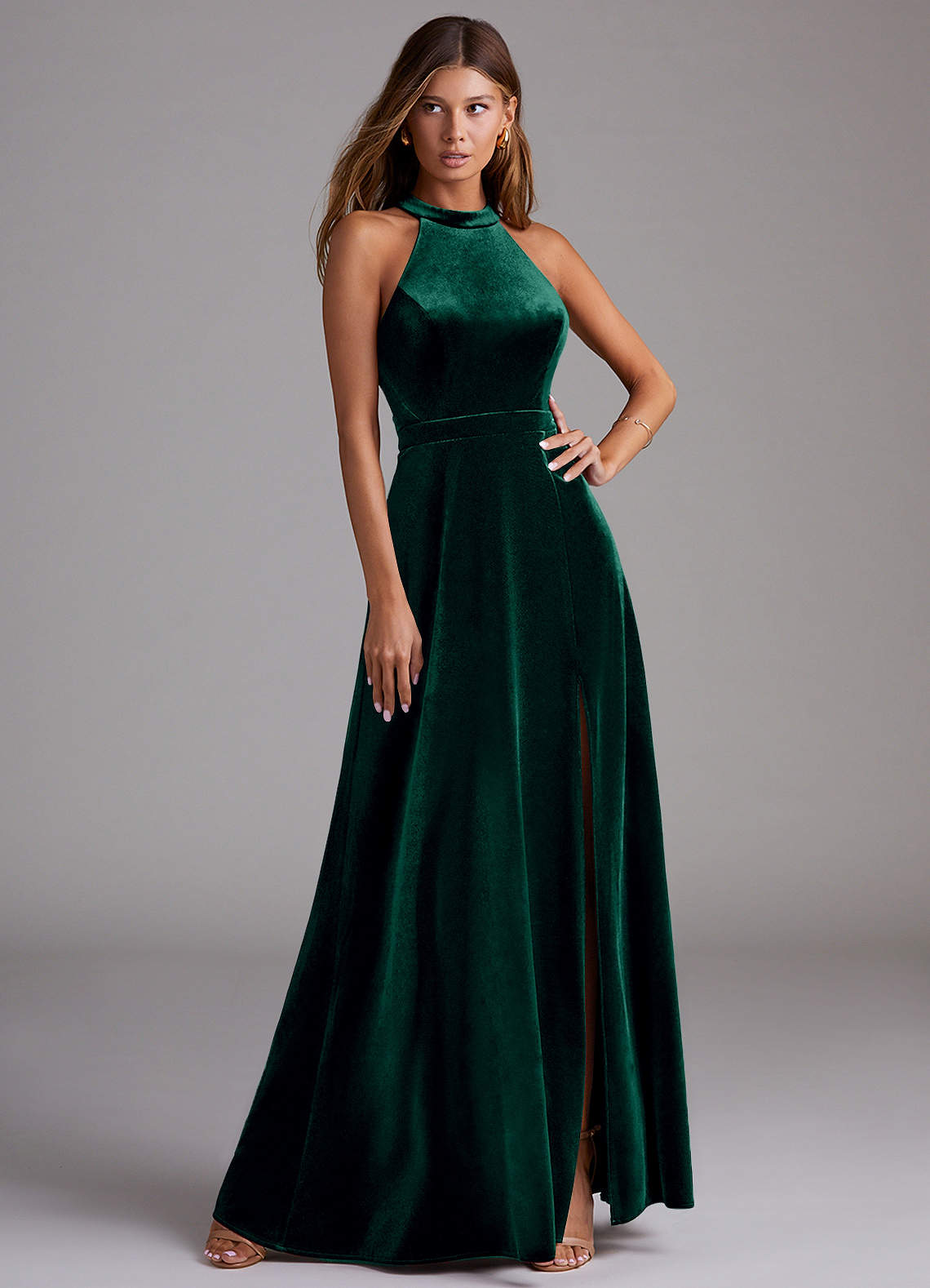 Azazie Clarice Vestidos de madrinha de casamento Vestir Esmeralda de Veludo de Linha A com Fenda Lateral image1