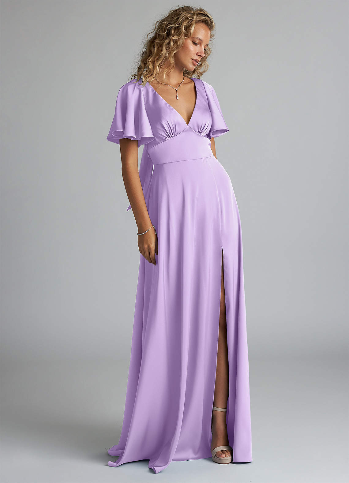 Azazie Kimber Bridesmaid Dresses Lilac A-Line Ruched Stretch Satin Dress image3