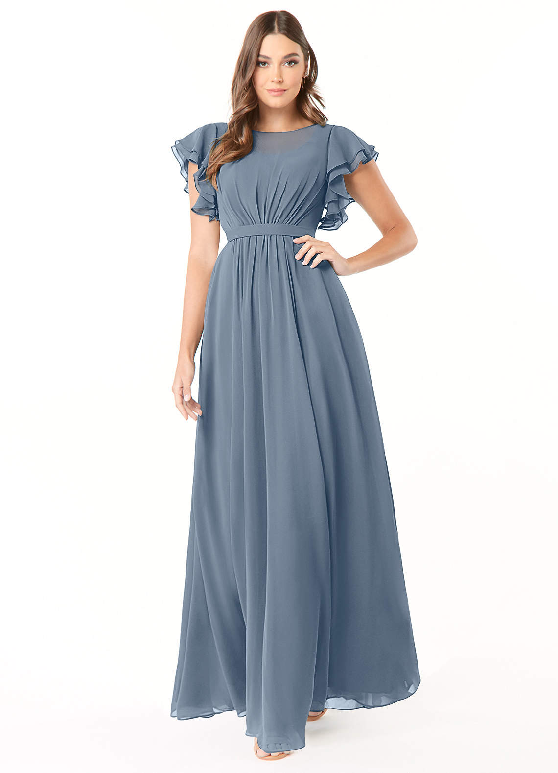 Azazie Daphne Modest Bridesmaid Dresses A-Line Ruffled Chiffon Floor-Length Dress image1