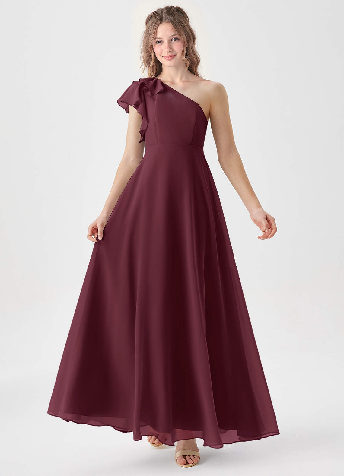 Azazie Arabella Junior Cabernet A-Line Ruched Chiffon Dress image1