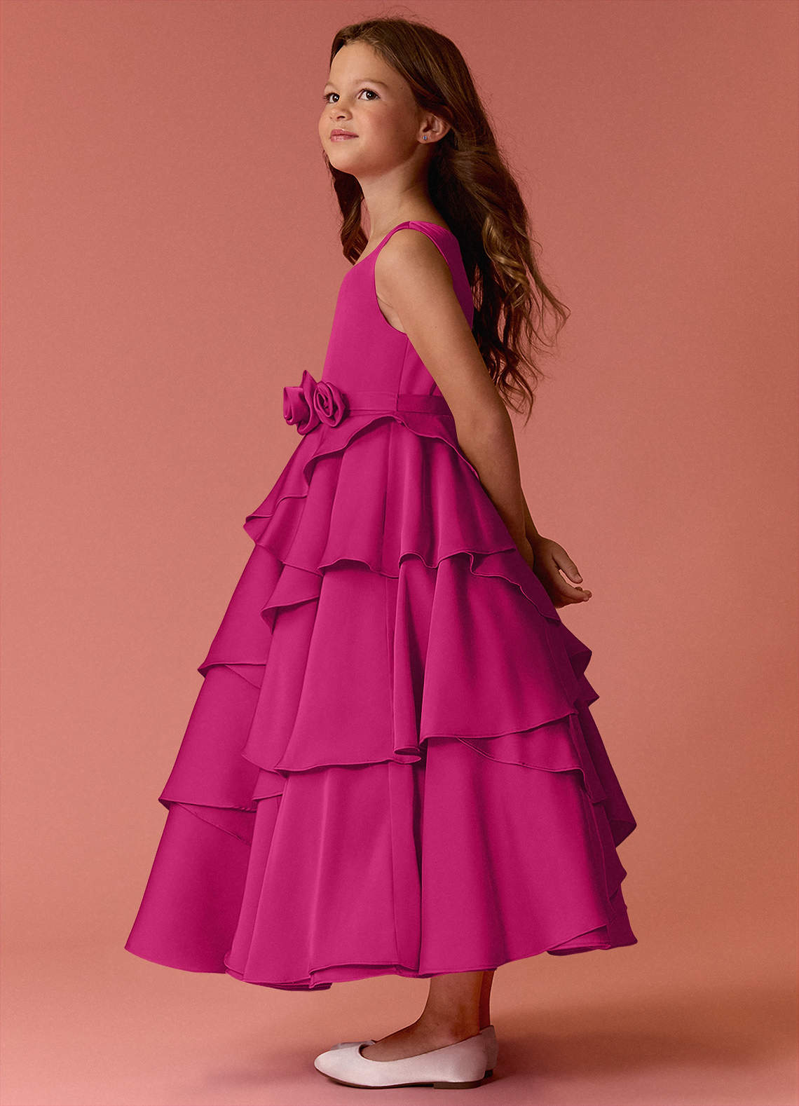 Barbie ♥ Azazie Flower Girl Dresses Scoop Floral Belt Tier Stretch Satin A-Line Dress image3