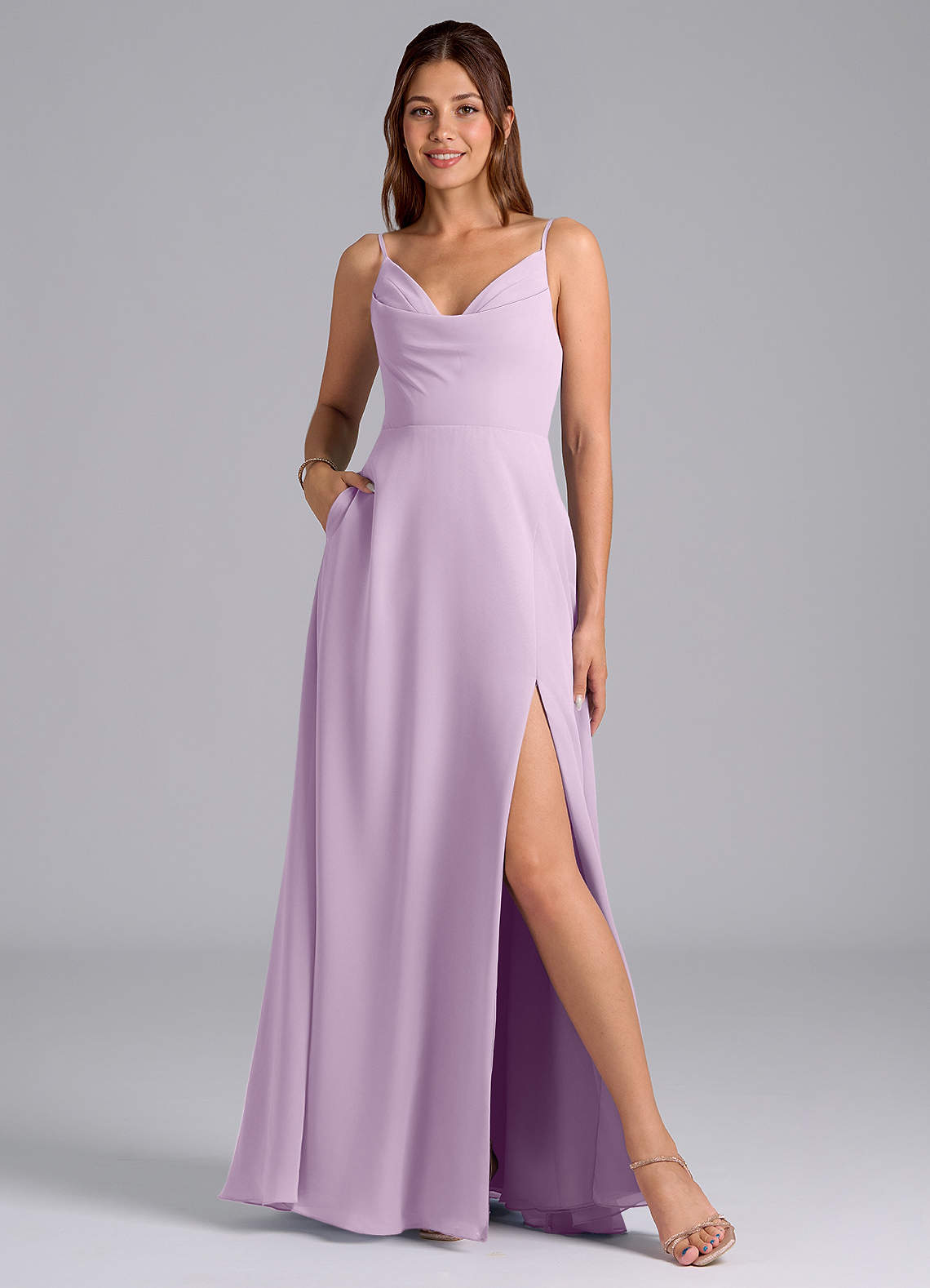 Azazie Sarella Bridesmaid Dresses Frosted Lilac A-Line with Pockets Chiffon Dress image1