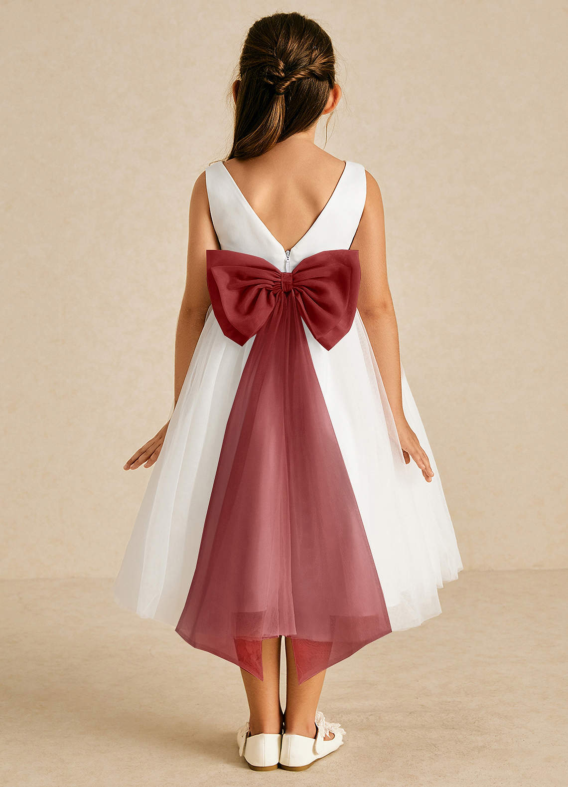 Azazie Kavi Flower Girl Dresses Ivory Rust A-Line Bow Matte Satin Dress image1