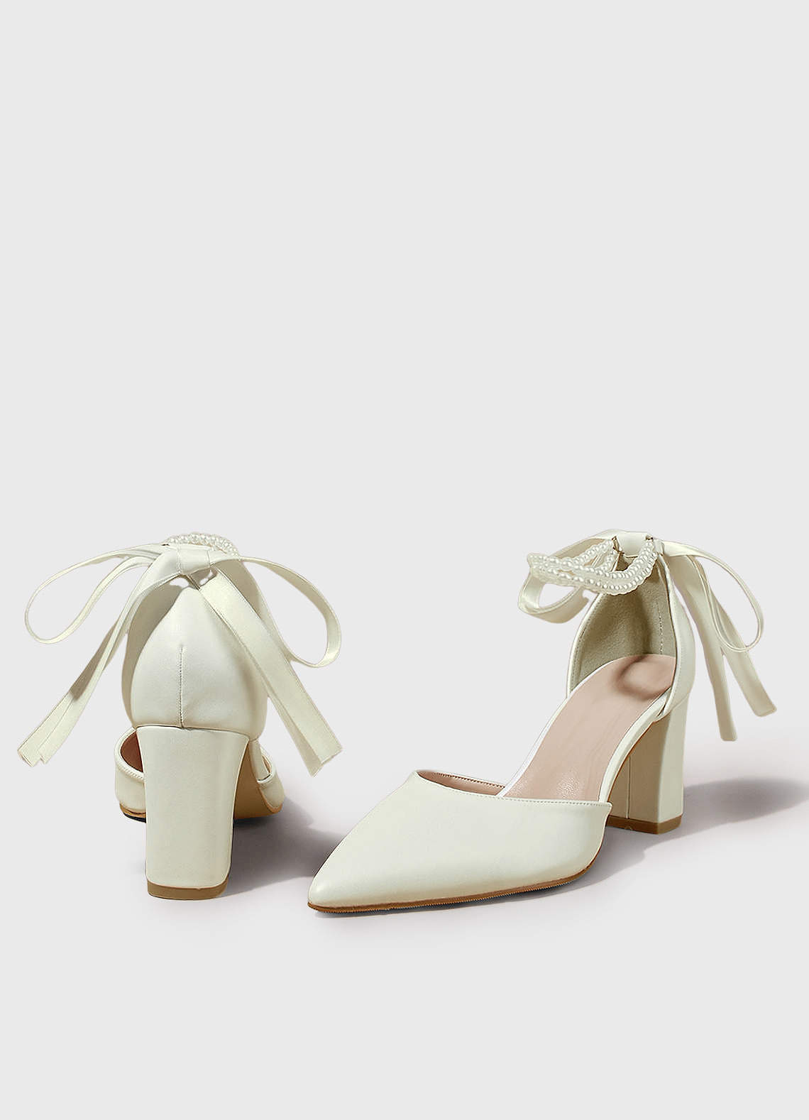 front Pearl Bow Ankle Strap Pumps