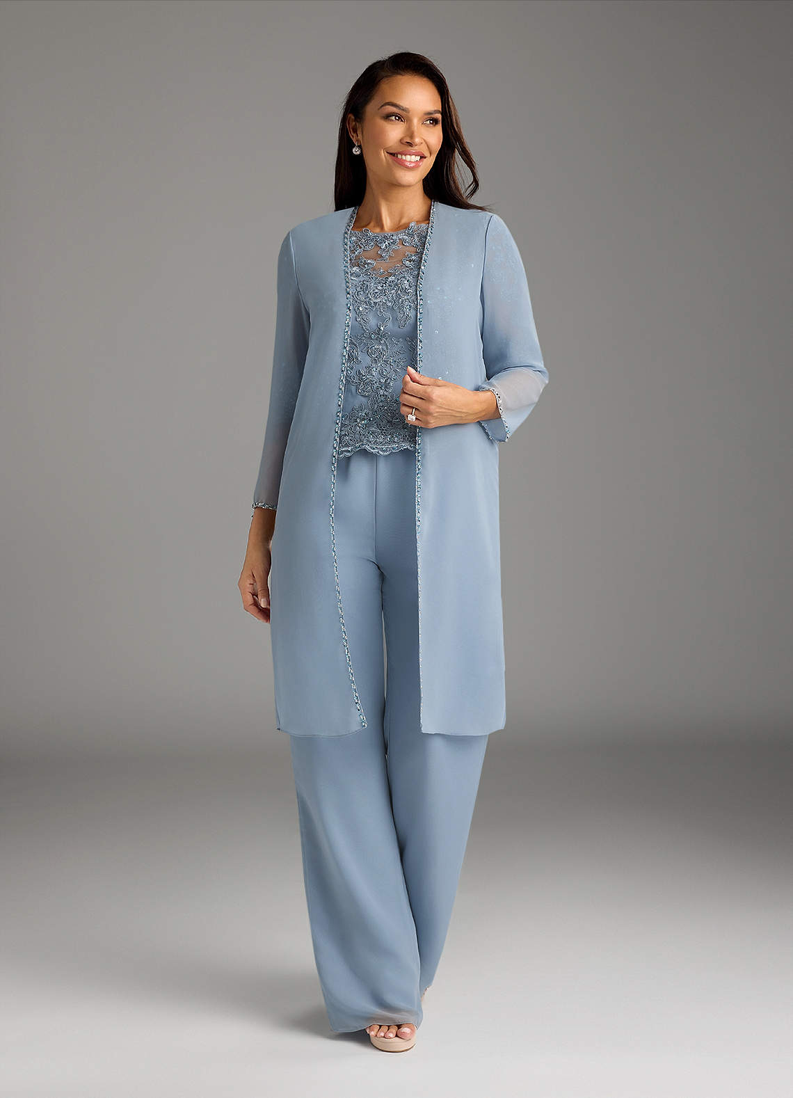 Azazie Florida Abiti per la Madre della Sposa Abito Tuta Pantaloni in Chiffon Lustrini Blu Polveroso image5