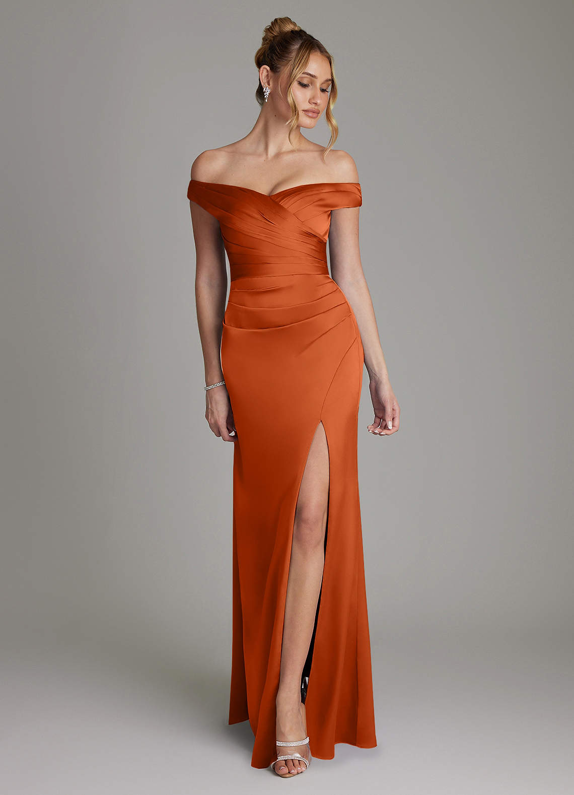 orange and gray bridesmaid dresses Missacc Celadon Bridesmaid Unique Semi Sheer Illusion One-Shoulder Satin Bridesmaid Dresses