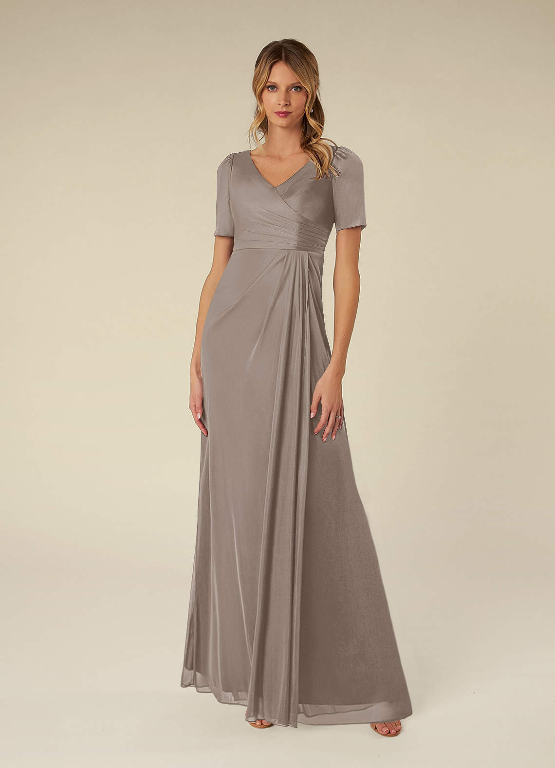 Azazie Bessie Kleider für die Brautmutter A-Linie Plissee Gittergewebe Kleid Taupe image1