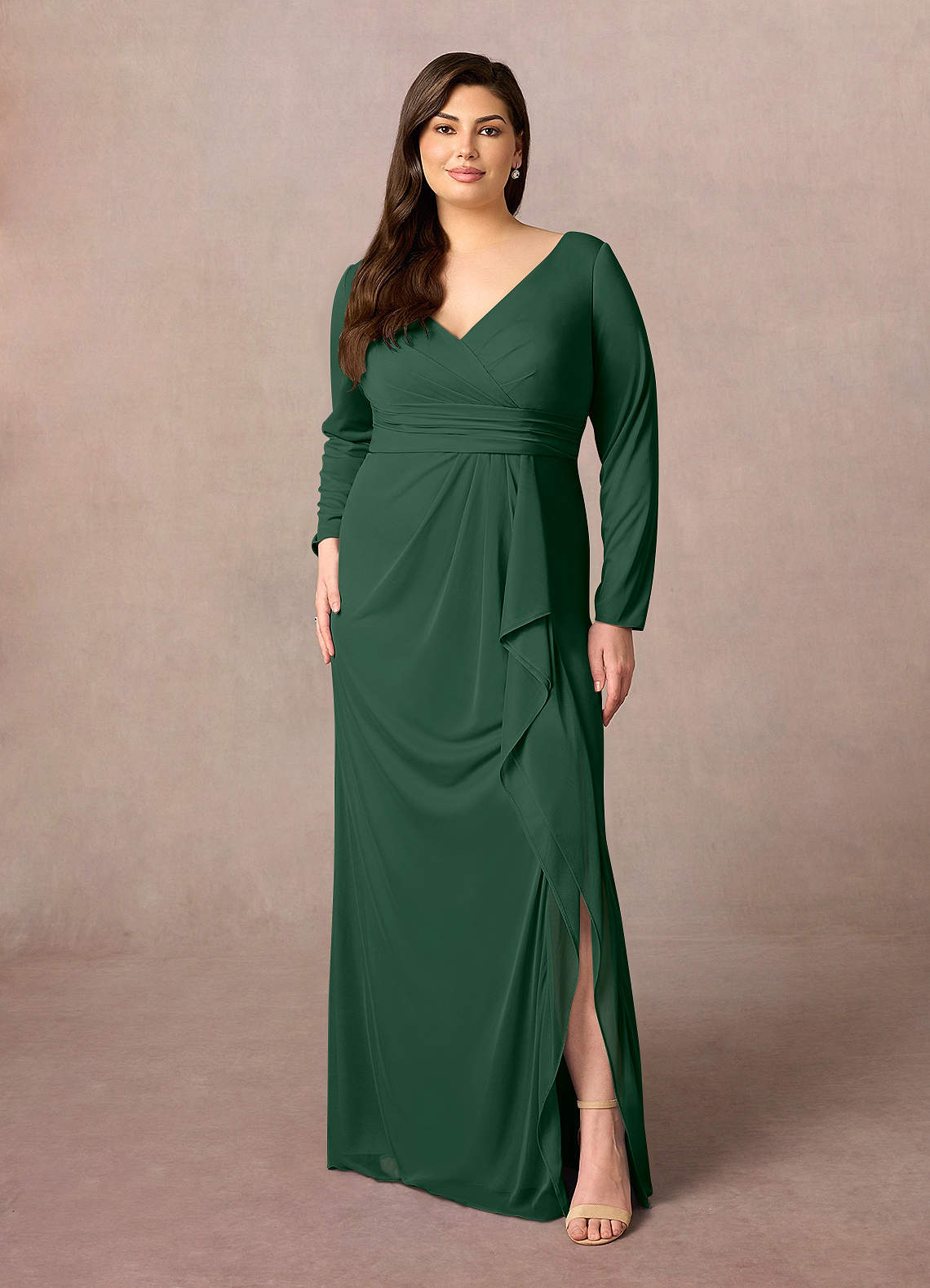Azazie Risa Final Sale Dark Green Mermaid V-Neck Pleated Mesh Dress image1