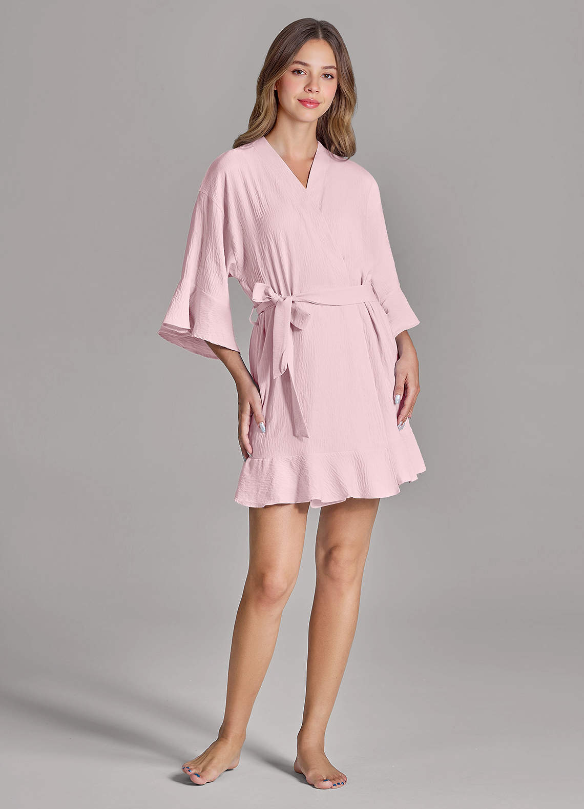 front Matching Color 2-Piece Ruffled Cloud-Soft Robe and Slip Set