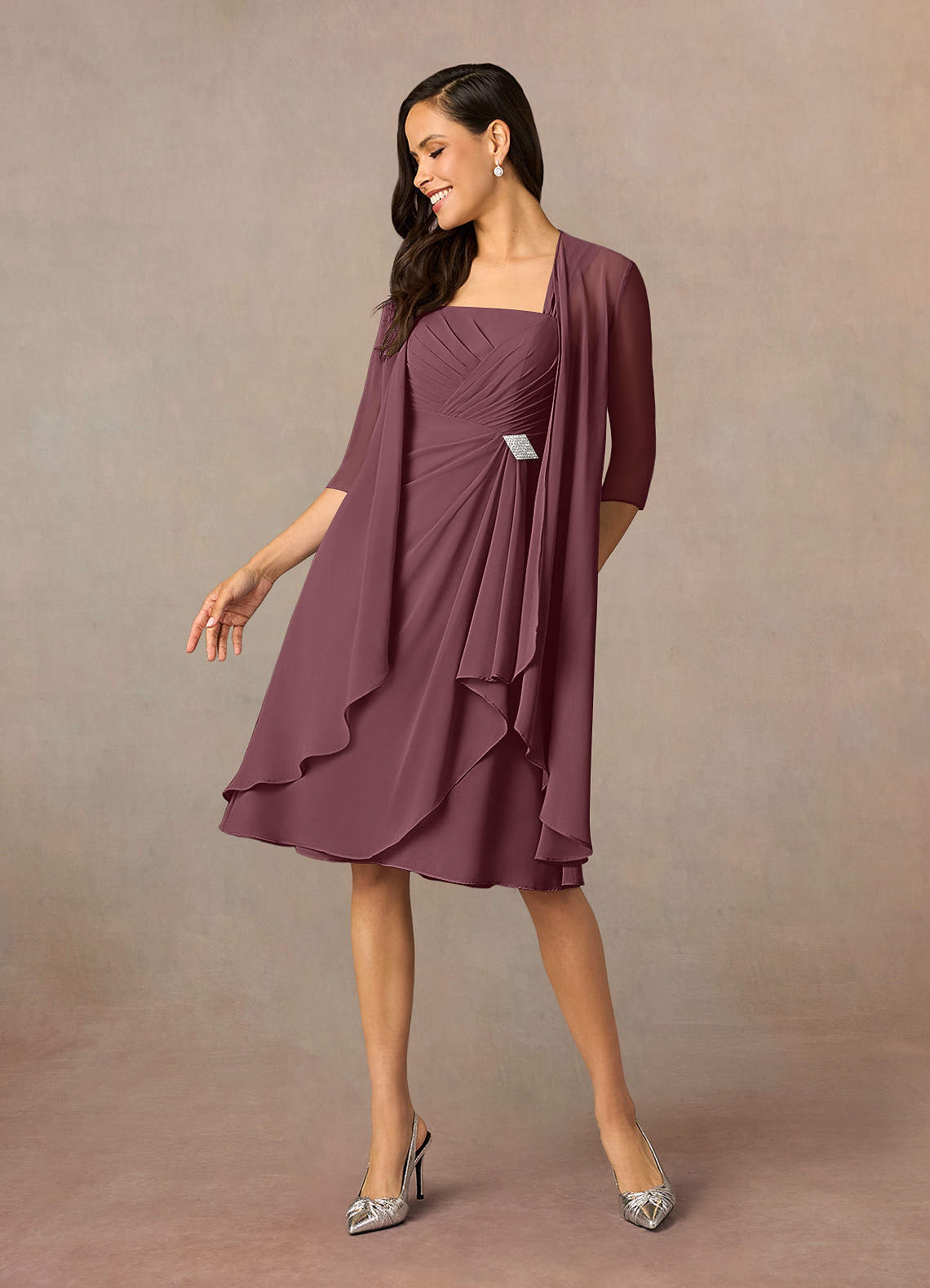Azazie Olivia Mother of the Bride Dresses Sangria A-Line Square Neckline Pleated Chiffon Dress image1