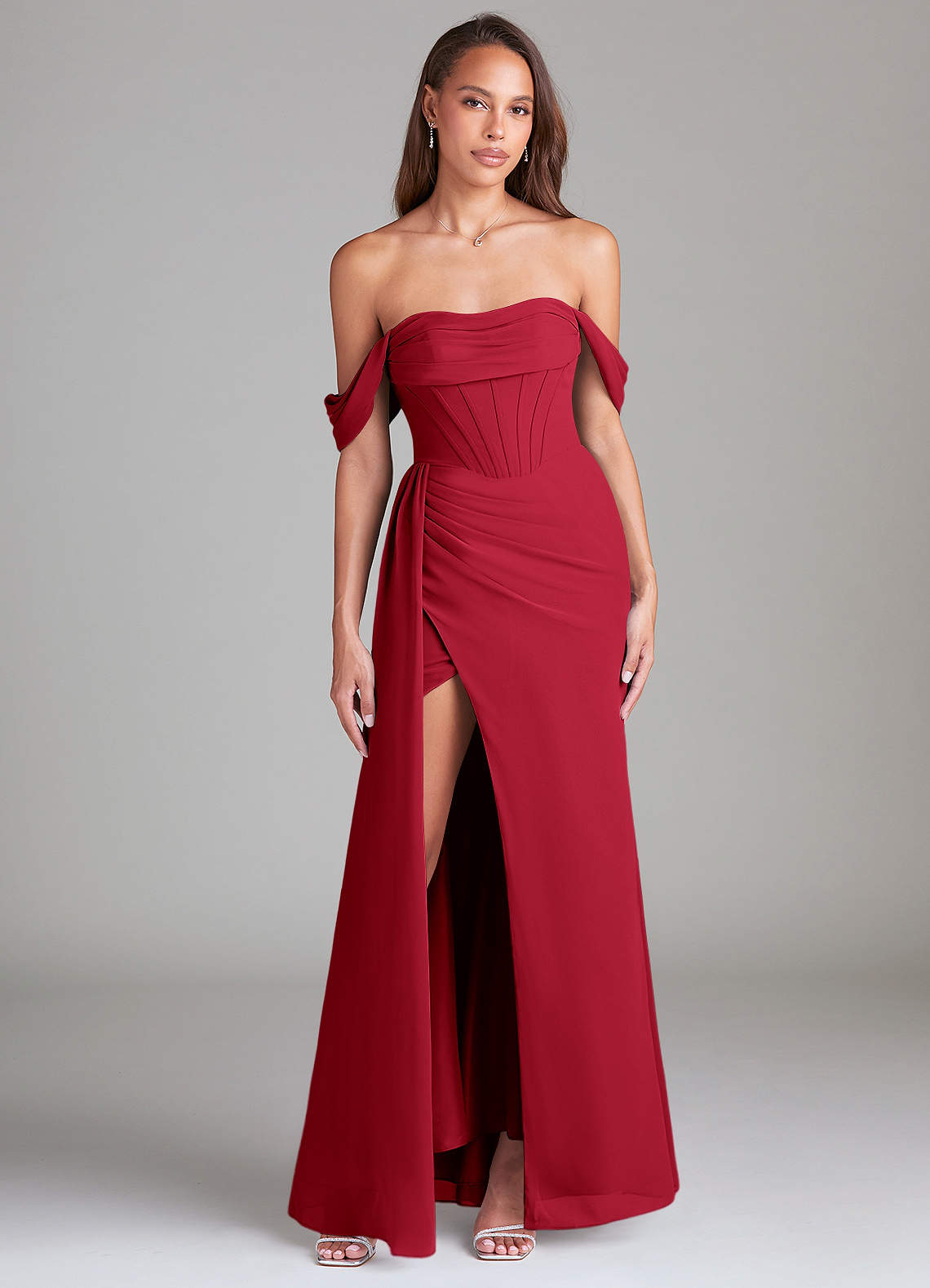 Azazie Amyra Bridesmaid Dresses Scarlet Sheath Off the Shoulder Chiffon Convertible Dress image1