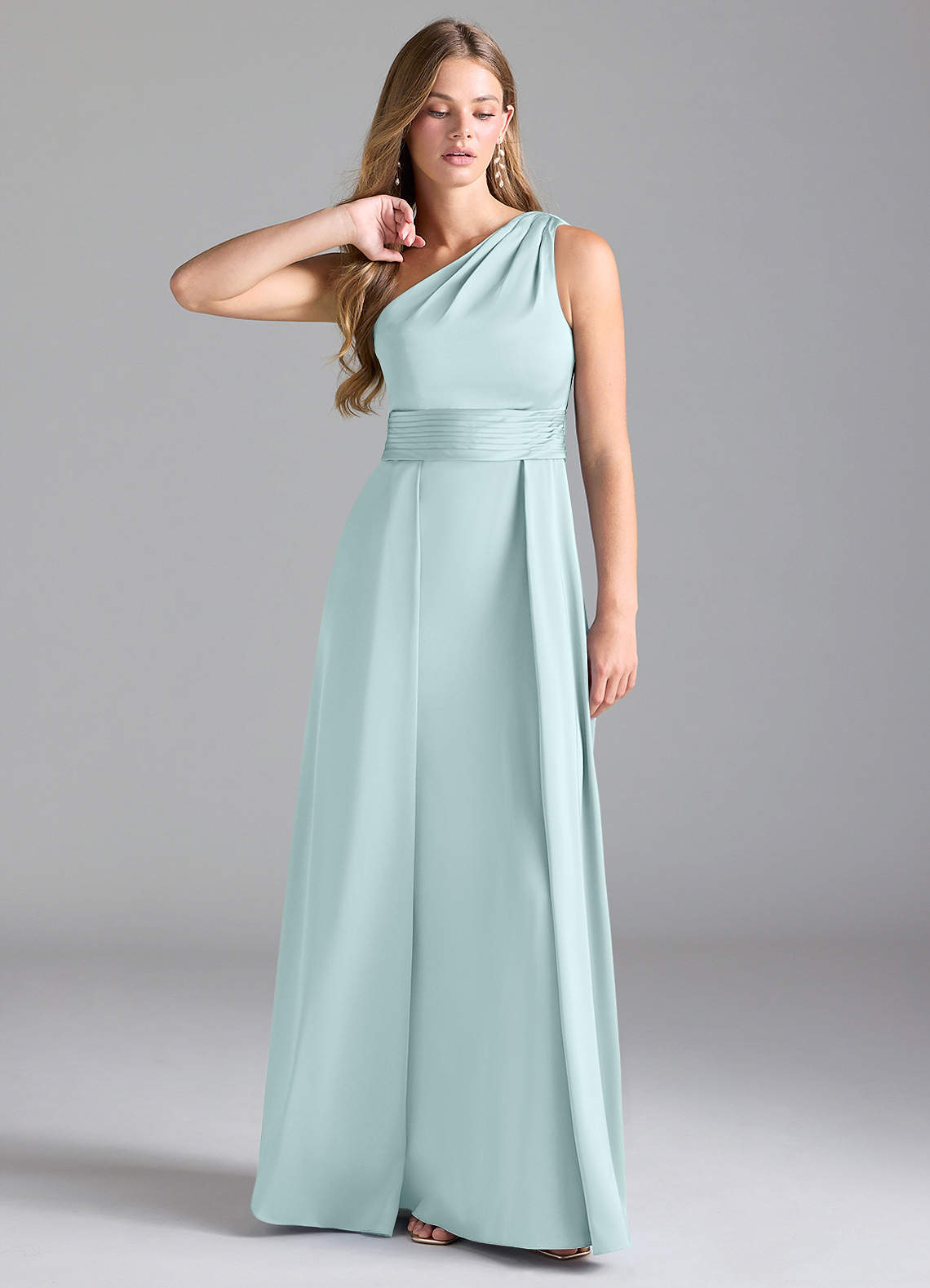 Azazie Dallas Robes de demoiselle d'honneur Robe Trapèze en Satin extensible Ue épaule Verre De Mer image1