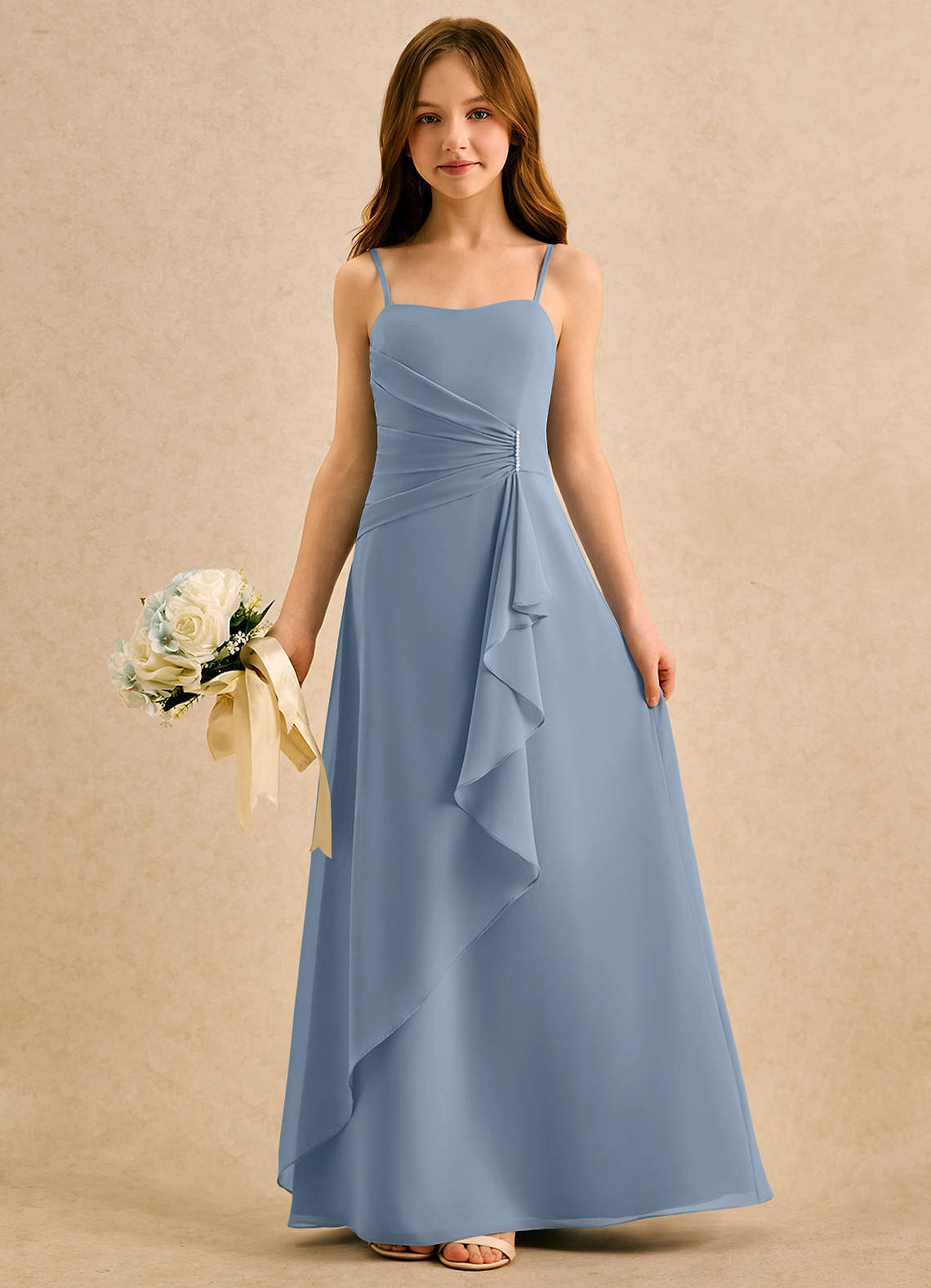 Azazie lolly Girls Formal Robe Demoiselle D'honneur Fillette Robe Trapèze en Mousseline de soie Plissée Bleu Poussiéreux image2