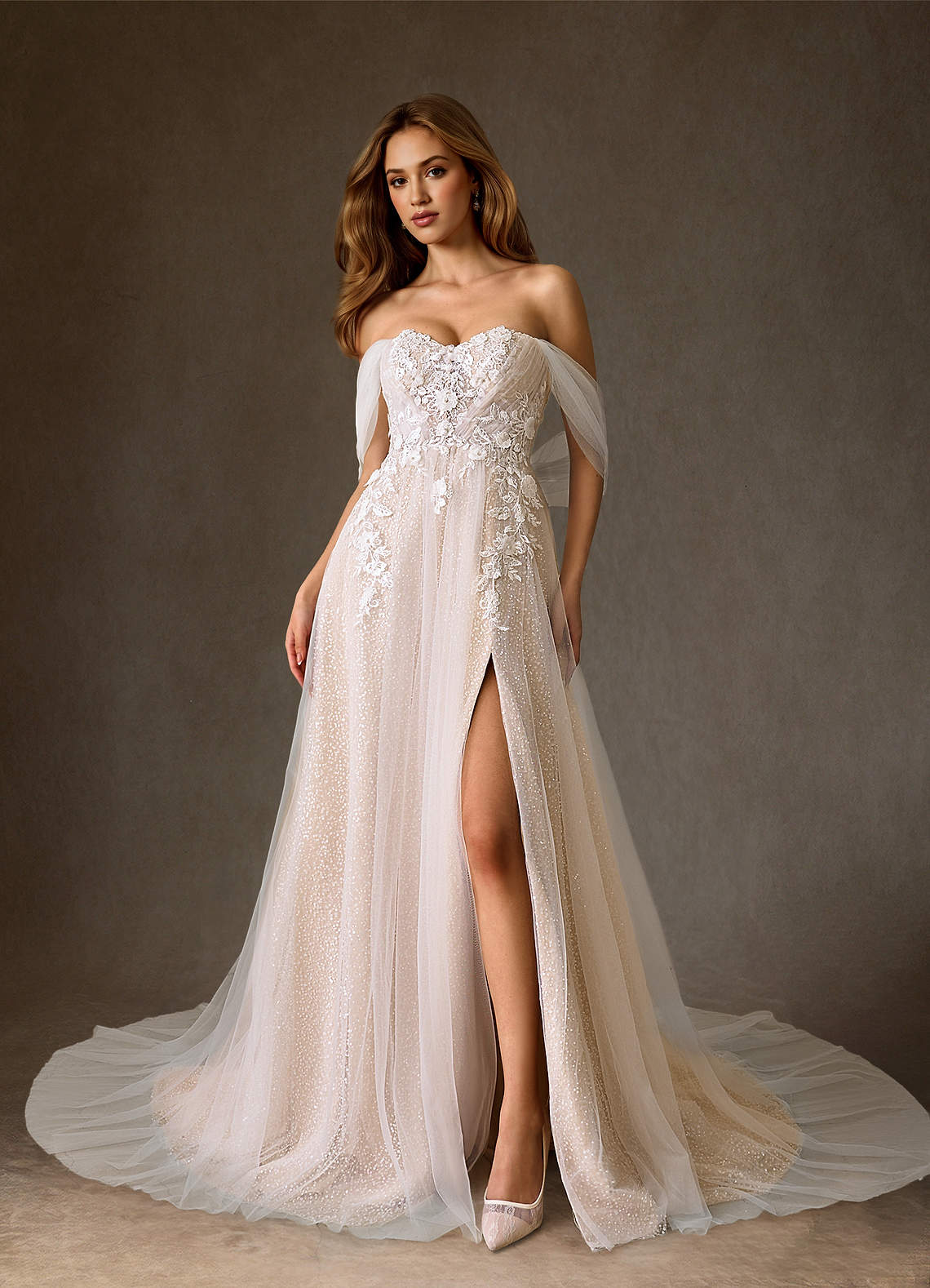 Azazie Seradine Wedding Dresses Diamond White Nude A-Line Off the Shoulder Beading Dress image1