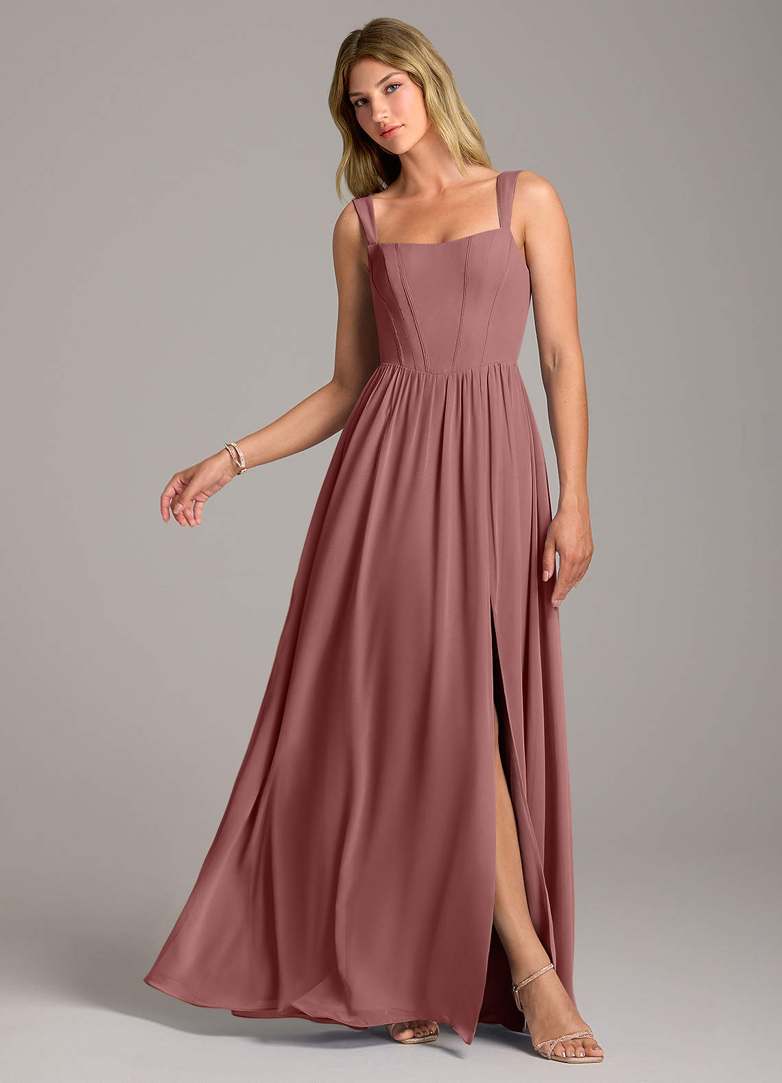 Azazie Rosaline Bridesmaid Dresses Desert Rose A-Line Side Slit Chiffon Dress image1