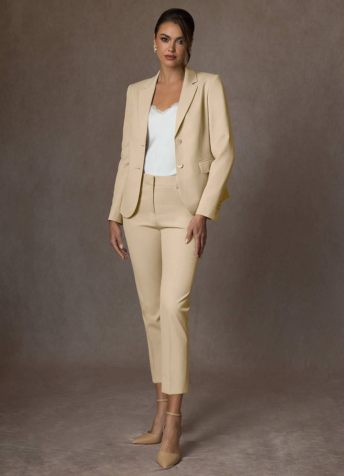 front Whitney Champagne Structured Stretch Cropped Dress Pants