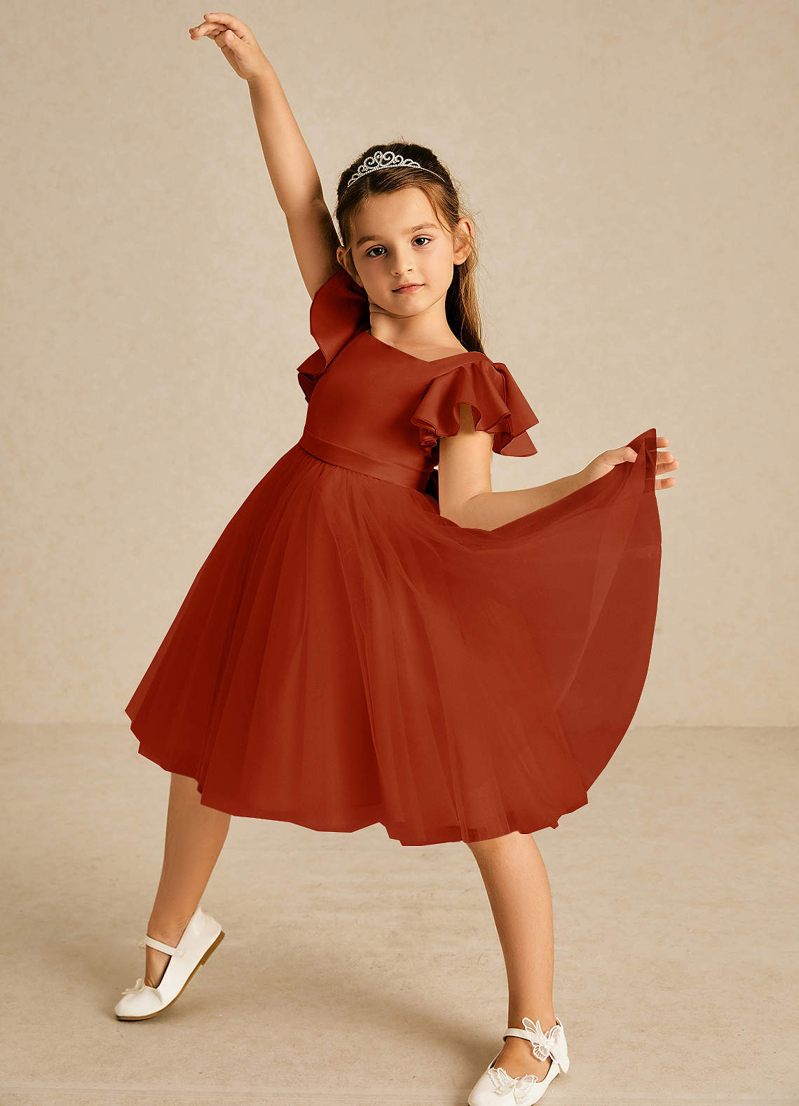 Azazie Kaeya Flower Girl Dresses Paprika A-Line Bow Tulle Dress image1