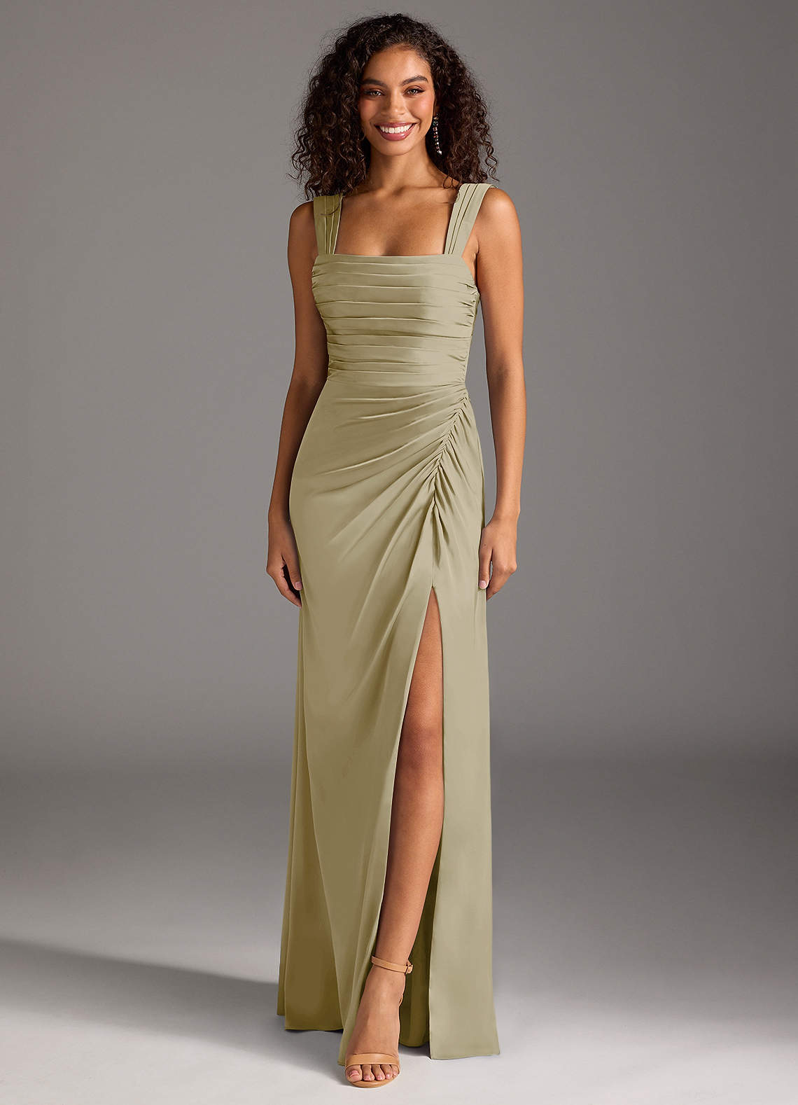 Azazie Jesaphine Bridesmaid Dresses Moss Green Sheath Bow Stretch Satin Dress image1