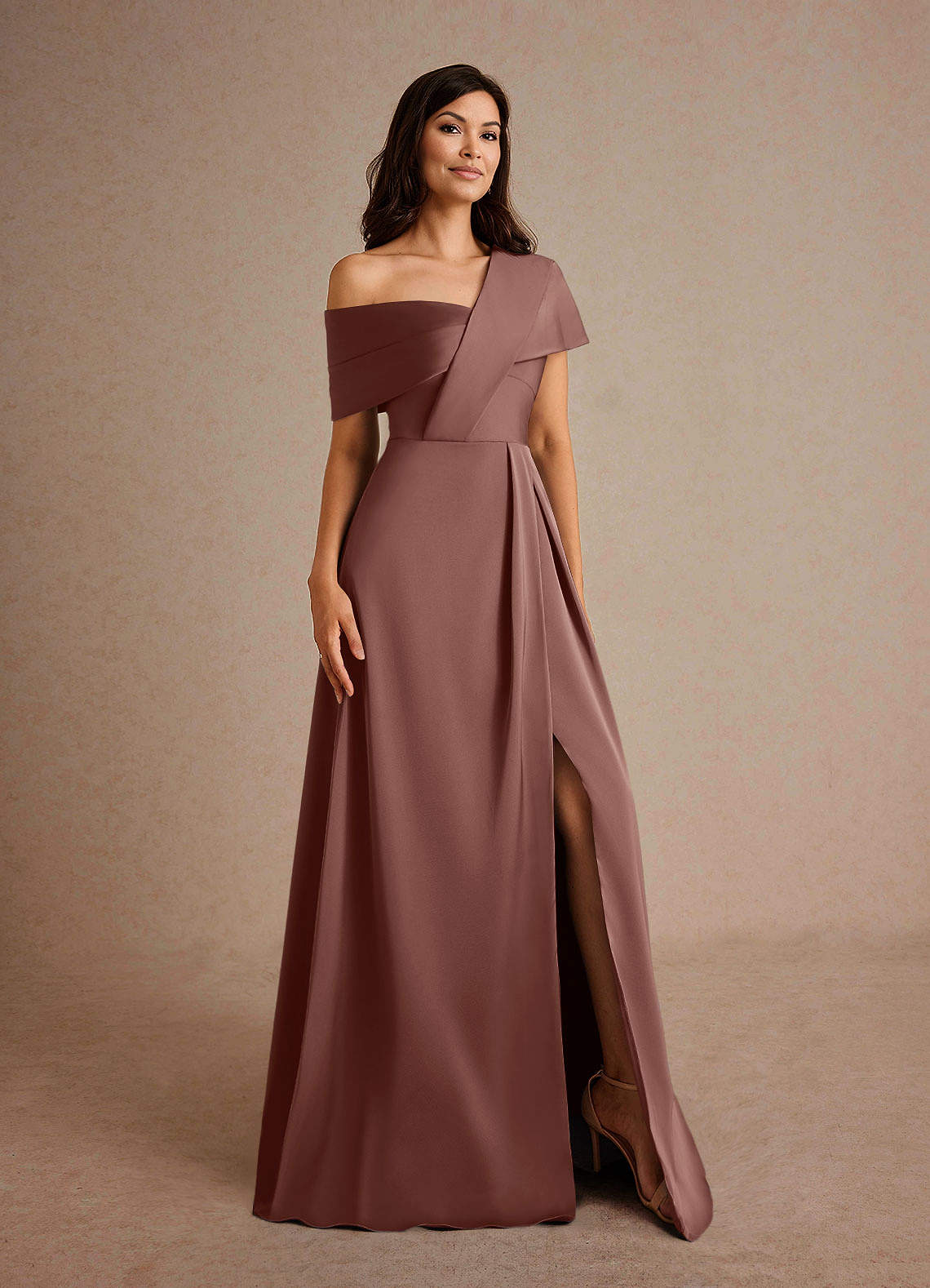 Azazie Milton Mother of the Bride Dresses Espresso A-Line Pleated Stretch Satin Dress image7