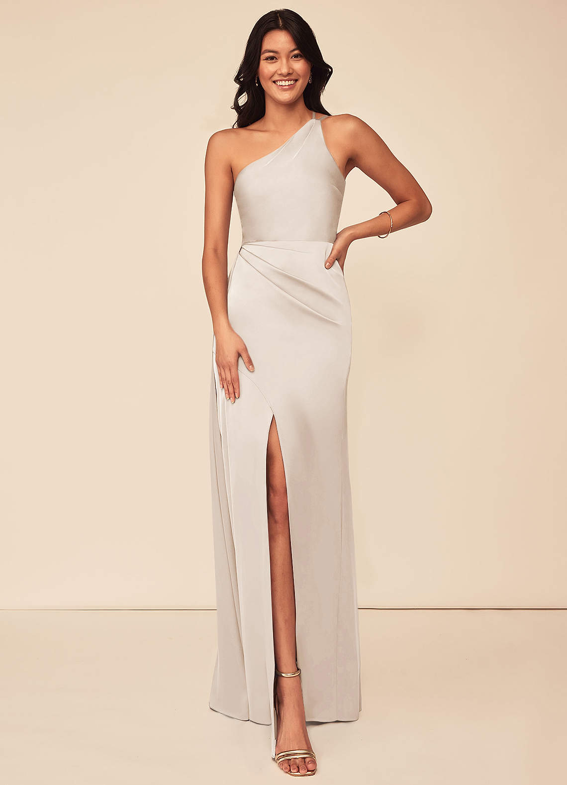 Azazie Maron Bridesmaid Dresses White Alabaster A-Line One Shoulder Stretch Satin Dress image1
