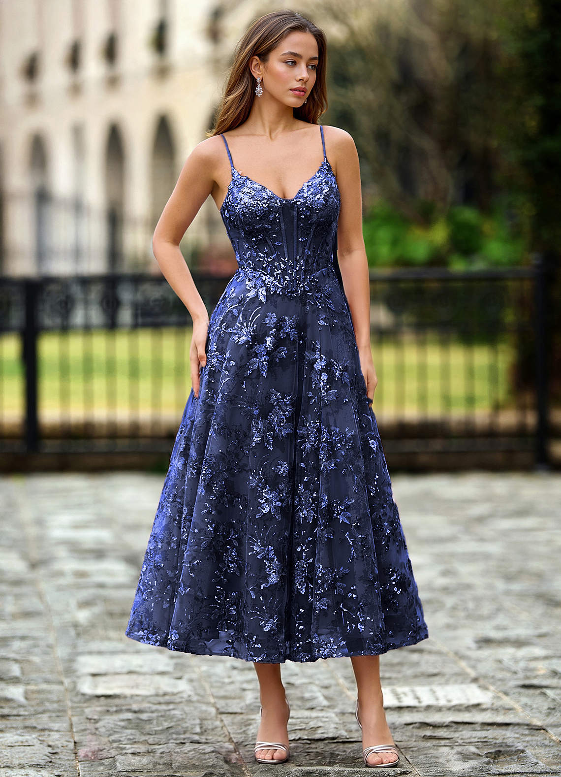 Lavinienna Navy Lace Sequin Embroidery Corset Wedding Guest | Azazie
