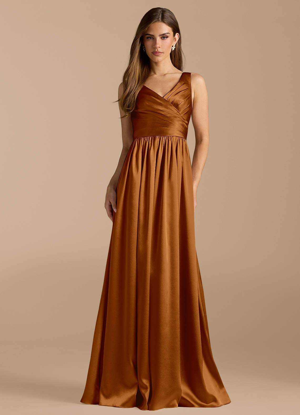 Azazie Keyla Bridesmaid Dresses Copper A-Line Pleated Metallic Satin Dress image1