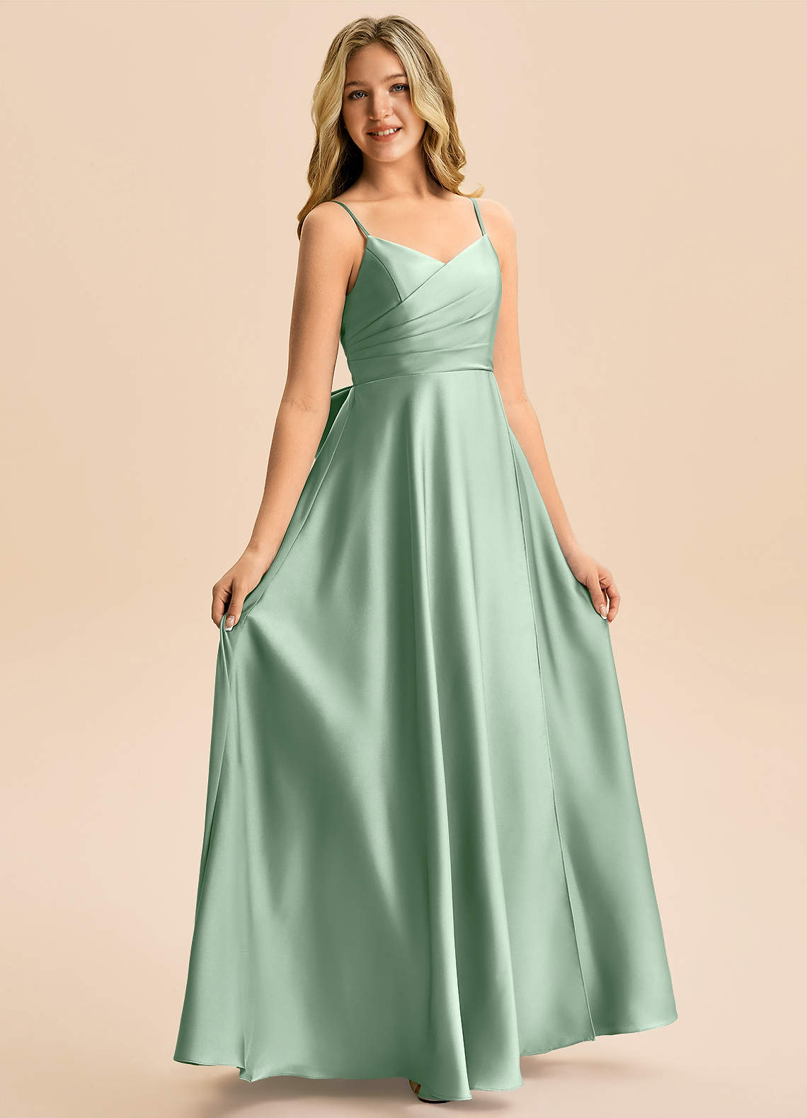 Azazie Rumi Junior Klä av A-Line i Stretch Satin Plisserad image4