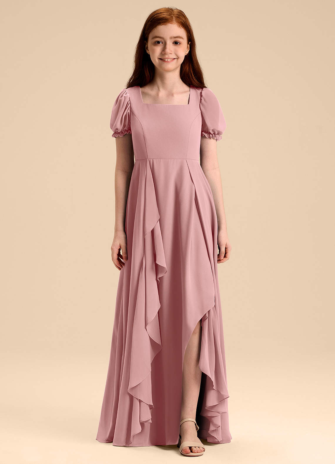 Azazie Priya Junior Dusty Rose A-Line Blouson Chiffon Dress image1