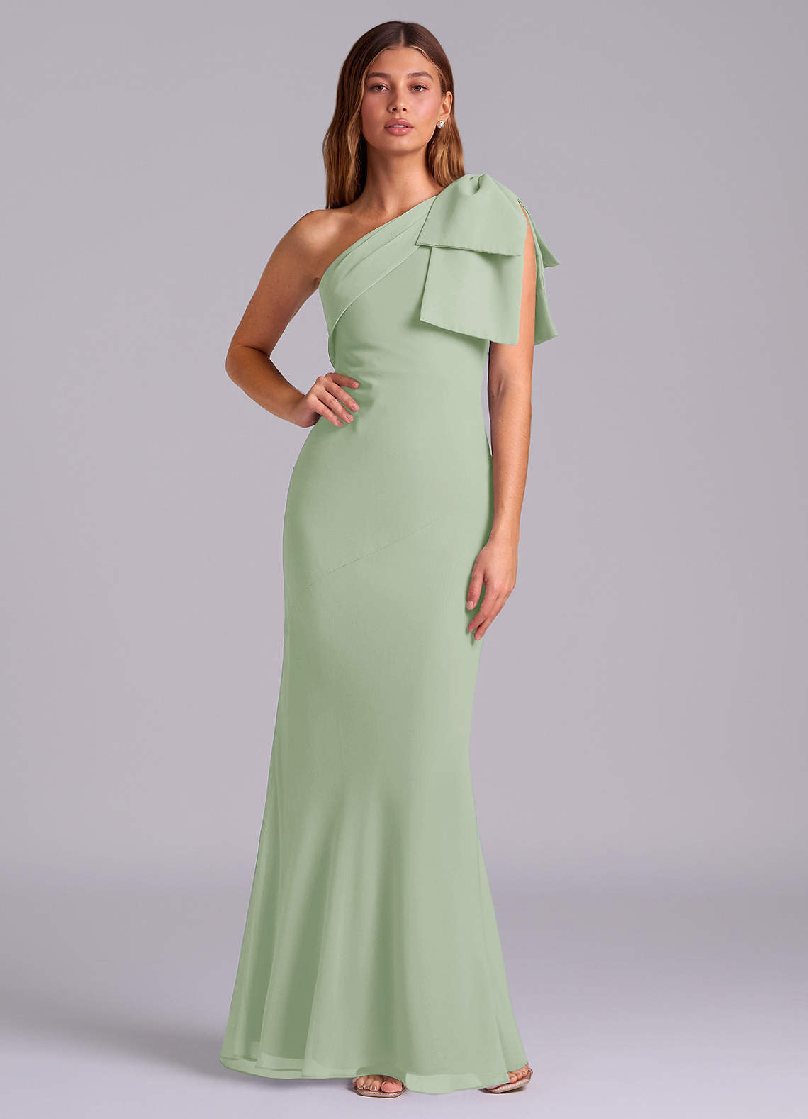 Azazie Yuanna 신부 들러리 드레스 인어 한쪽 어깨 쉬폰 바닥 길이 드레스 image1