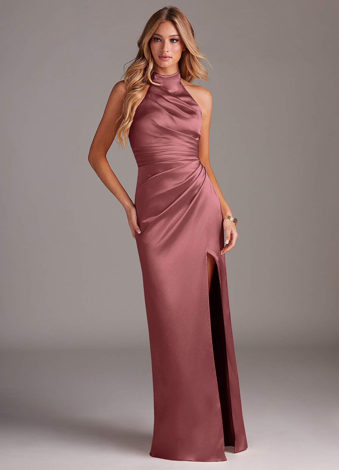 Azazie Jemma At-home Try On Dresses Amethyst Sheath Pleated Stretch Satin Dress image2