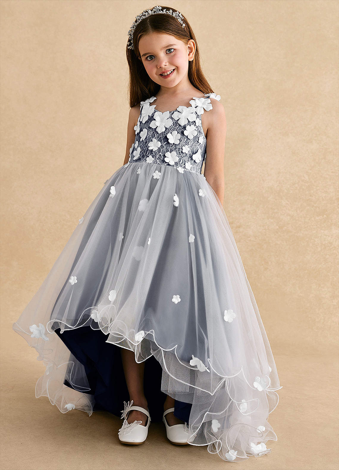 Azazie Celia Flower Girl Dresses Dark Navy A-Line Lace Tulle Dress image5