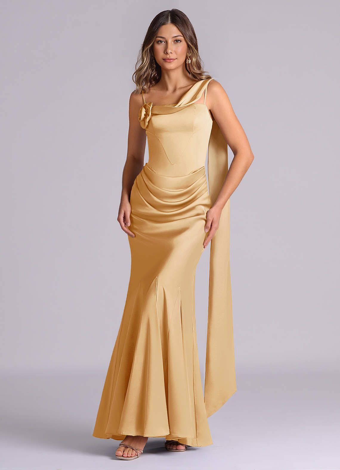 Azazie Inara Gold Stretch Satin Bridesmaid Dresses | Azazie