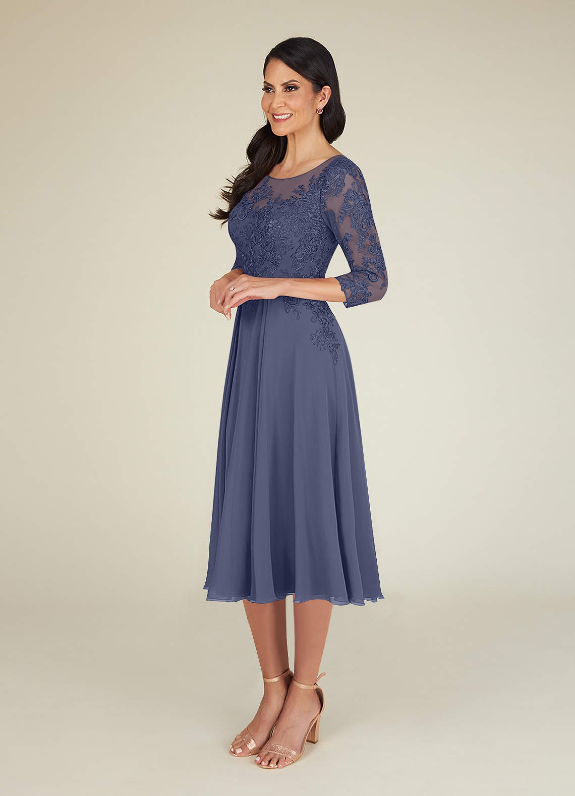 Lace 3/4 Sleeves Chiffon Tea-Length Dress Slate Blue main image 1