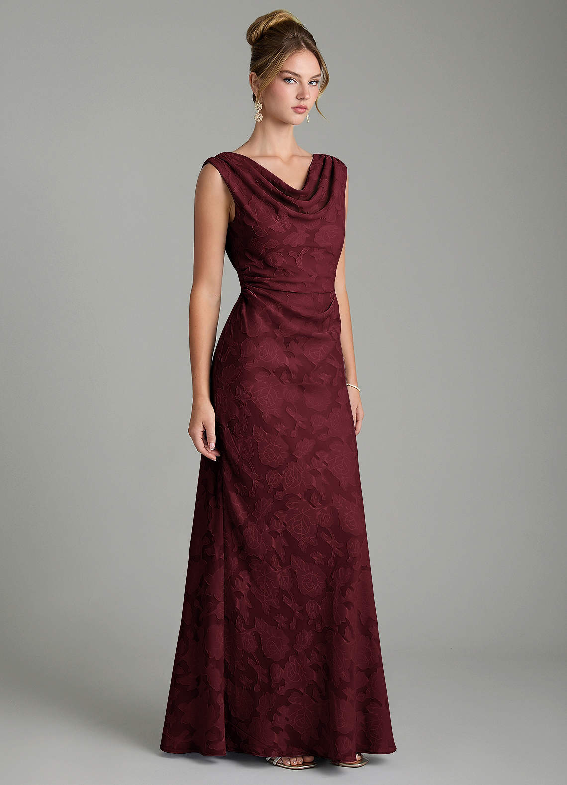 Azazie Kieryn Bridesmaid Dresses Cabernet Mermaid Pleated Floral Burnout Dress image3