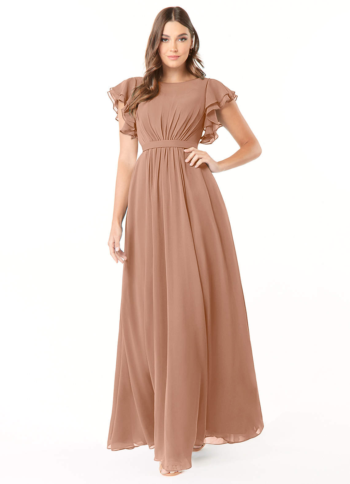 Azazie Daphne Bescheidene Brautjungfernkleider A-Linie Gekräuselt Chiffon Bodenlänge Kleid image1