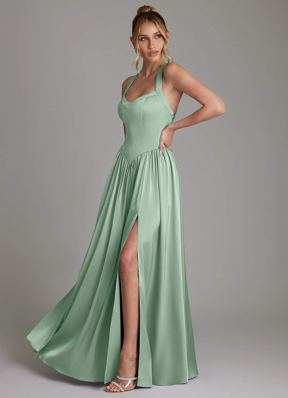 Azazie Francis Kleider zum Anprobieren zu Hause A-Linie Korsett Stretch-Satin Kleid Agave image4