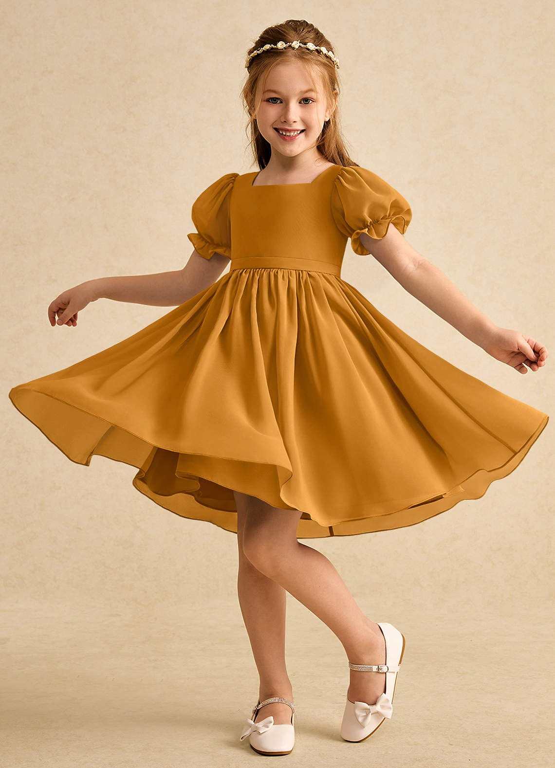 Azazie Jolie Blumenmädchenkleider A-Linie mit ärmel Chiffon Kleid Butterscotch image2