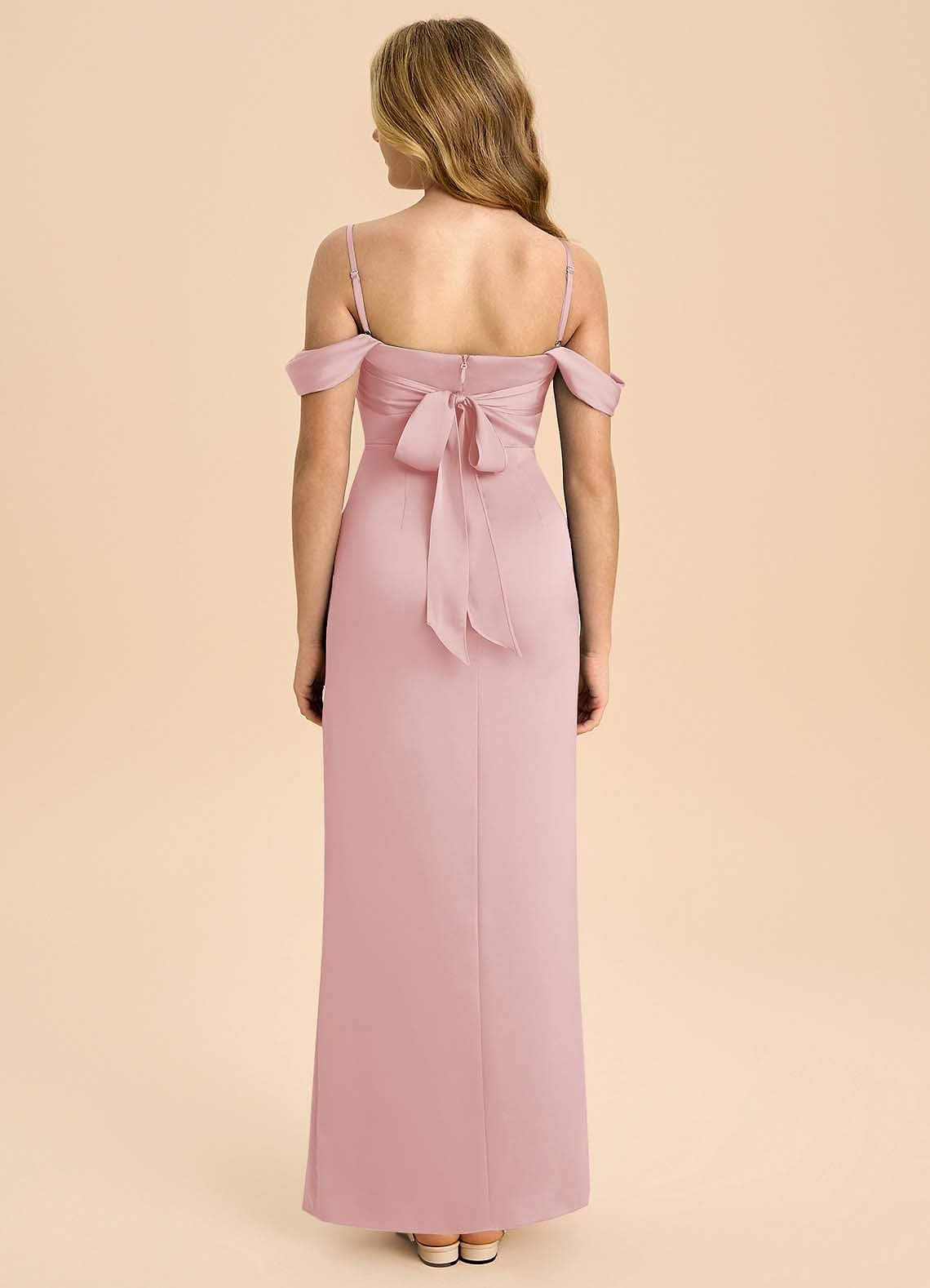Azazie Saige Junior Powder Pink Sheath Off the Shoulder Stretch Satin Dress image1