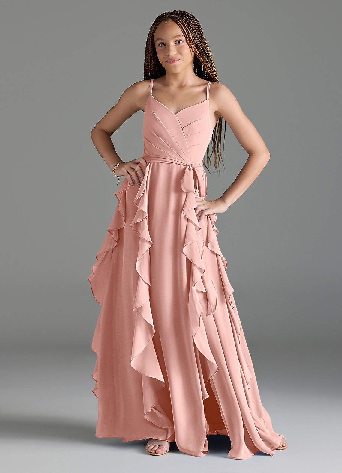 Azazie Peyton Junior Rosette A-Line V-Neck Cascading Ruffles Chiffon Dress image1