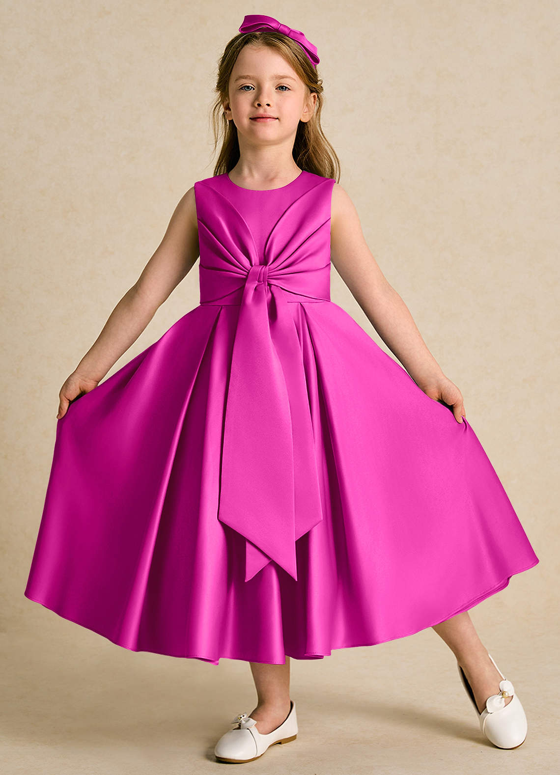 Azazie Lady Flower Girl Dresses Fuchsia A-Line Pleated Matte Satin Dress image1