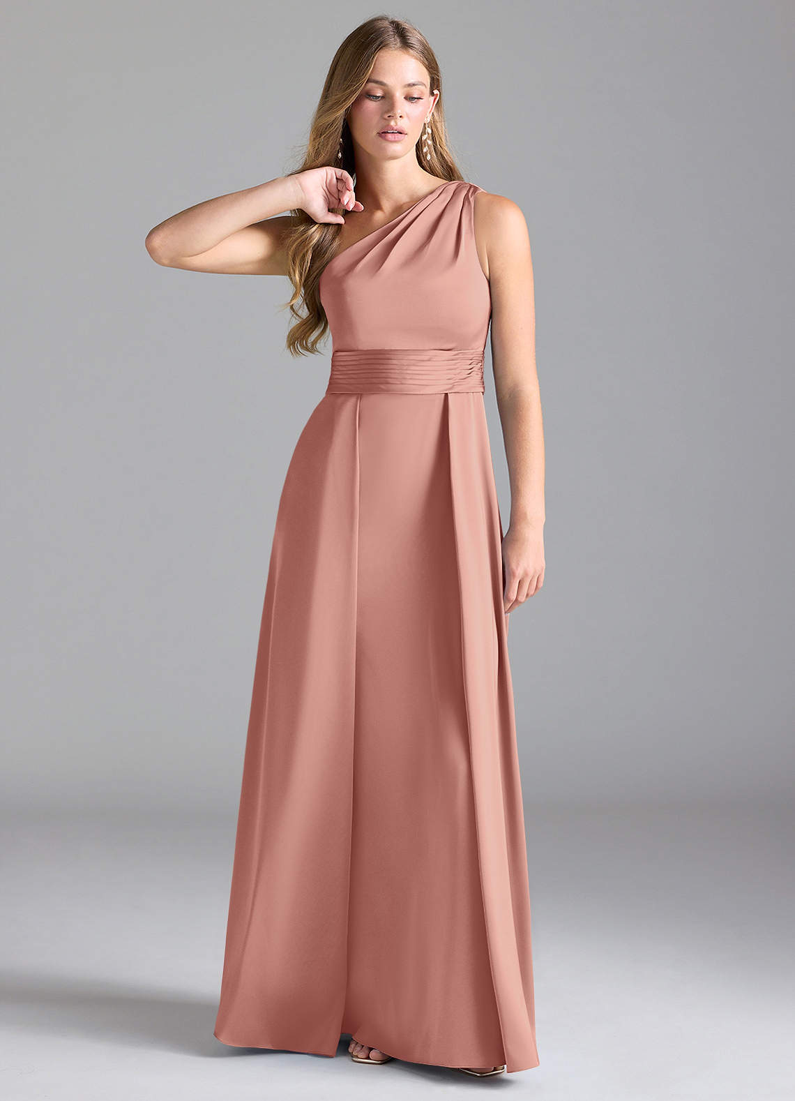 Azazie Dallas Bridesmaid Dresses Rosette A-Line One Shoulder Stretch Satin Dress image1