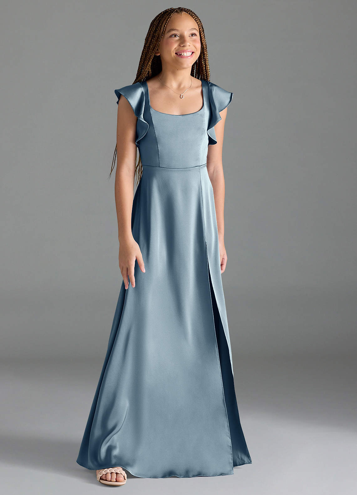 Azazie Bondi Junior Dusty Blue A-Line Side Slit Stretch Satin Dress image2