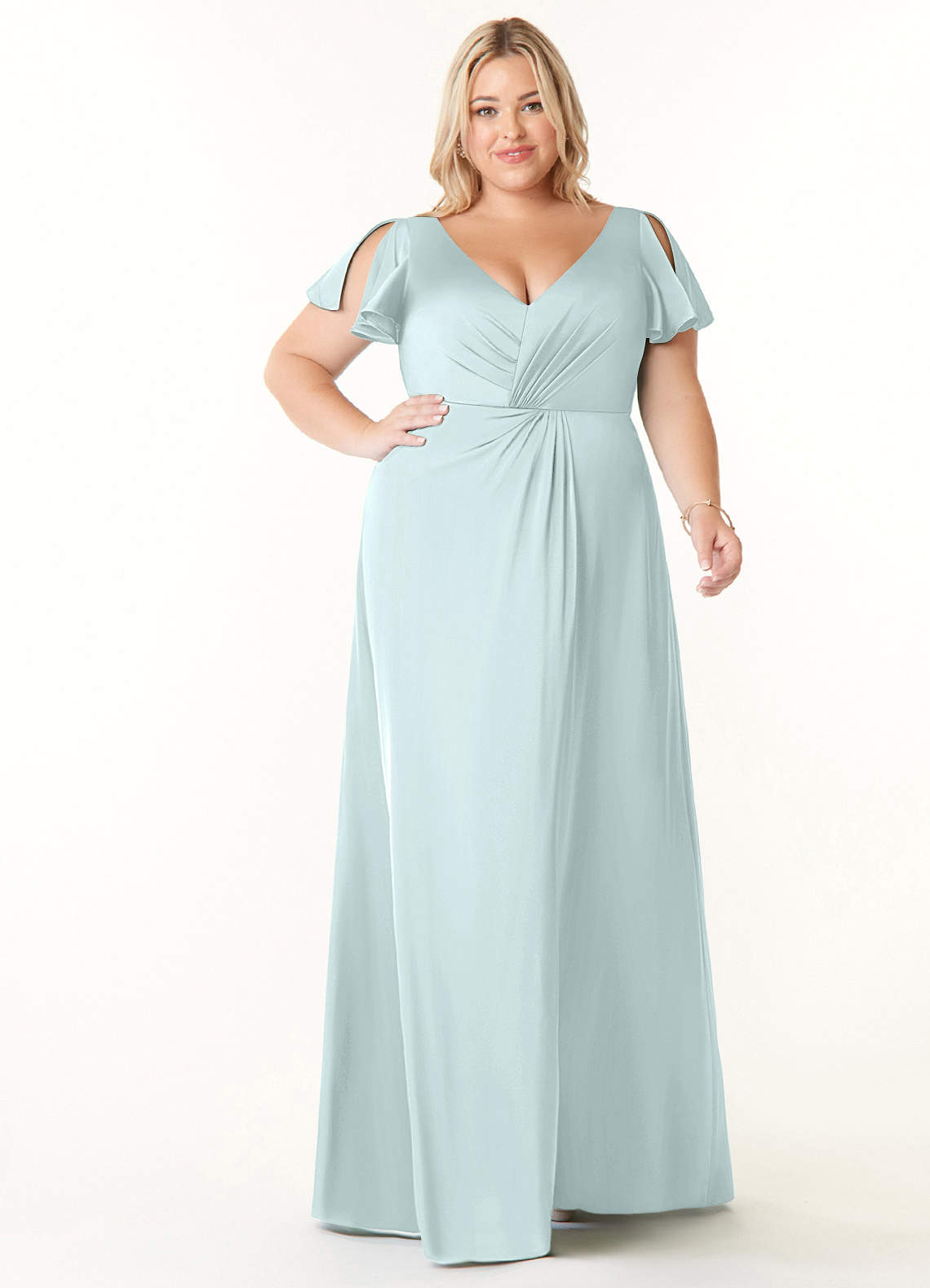 Azazie Soren Bridesmaid Dresses Sea Glass A-Line Pleated Stretch Satin Dress image1